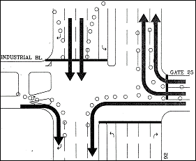 an intersection traffic control plan shows traffic cones permitting four non-conflicting traffic movements
