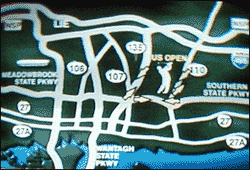 television screen shot of highway map, with arrows pointing to sections of road around an area labeled U.S. Open