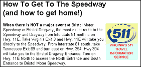 an advertisement on the Bristol Motor Speedway website promoting local 511 telephone travel information