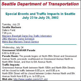 portion of a Seattle Department of Transportation website listing special events and their effects on traffic
