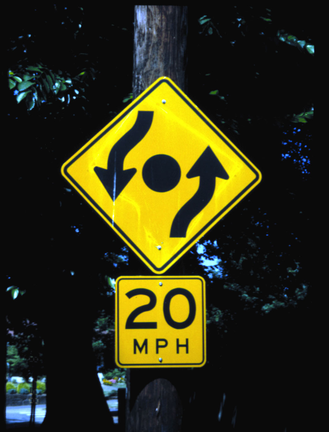 photo of yellow warning sign with a black downward-pointing curving arrow to the left of a black dot to the left of a black upward-pointing curving arrow; this sign is mounted above a sign with the words "20 mph"