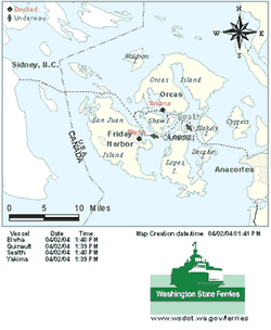 Screen capture of Washington State Department of Transportation Vessel Watch website showing real-time schedule information for four ferries