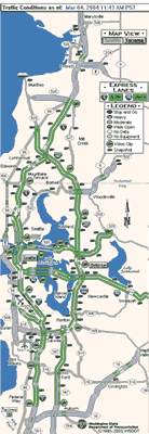 Screen capture of traveler information website showing traffic condition map of Seattle