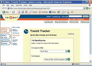 Screen capture of TriMet Transit Tracker website in Portland, Oregon