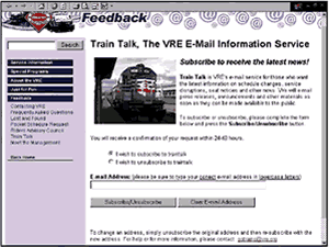 Screen capture of Train Talk webpage, the E-mail information service of Virginia Railway Express