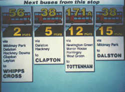 Photograph of dynamic message sign for transit bus users in London, United Kingdom