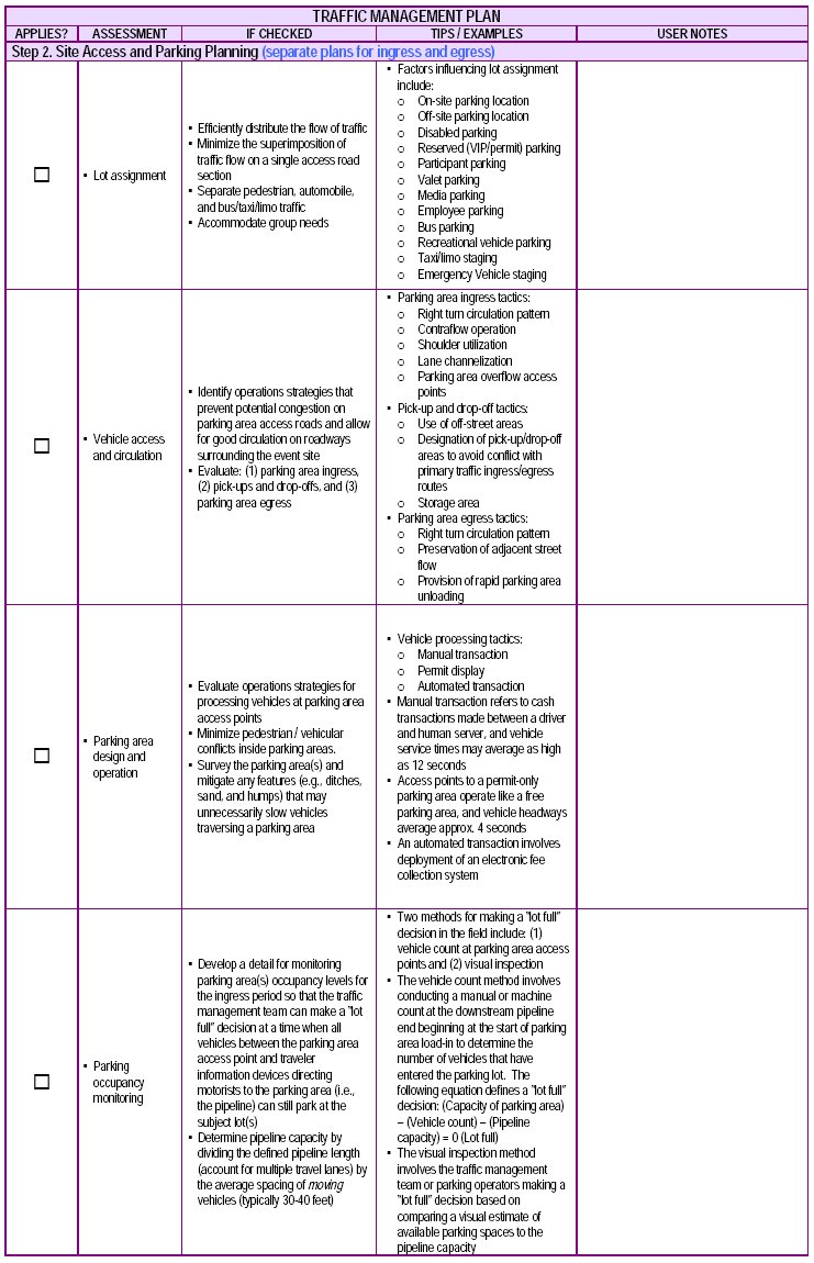 Screenshot of Traffic Management Plan checklist, step 2.