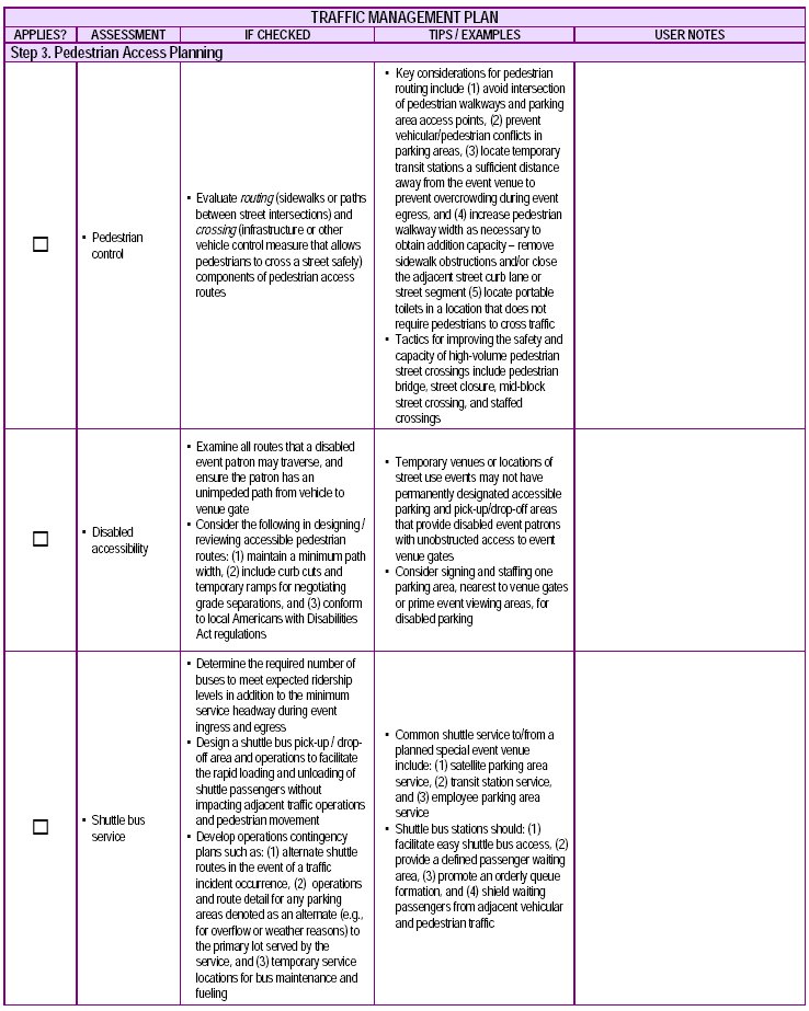 Screenshot of Traffic Management Plan checklist, step 3.