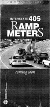 Image:     Brochure Cover, Washington State Department of Transportation 'Interstate 405 Ramp Meters.'  Cover has a picture of a two-lane metered ramp with the left lane being a HOV lane and the right lane being an all purpose lane.        