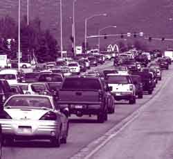 Many cars travel on a congested highway.