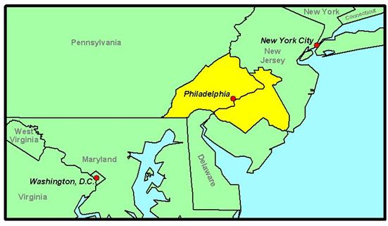 The geographic coverage of the Delaware Valley Regional Architecture encompasses the 9-county area around Philadelphia.