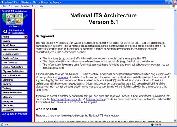 A snapshot of the National ITS Architecture website.