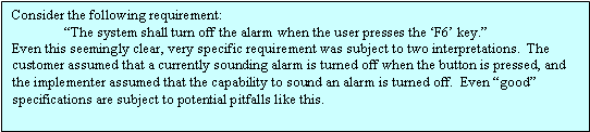 Textbox: Consider the following requirement: 'The system shall turn off the alarm when the usr presses the F6 key.' Even this seemingly clear, very specific requirement was subject to two interpretations. The cutomer assumed that a currently sounding alarm is turned off when the button is pressed, and the implementer assumed that the capability to sound an alarm is turned off.  Even 'good' specifications are subject to potential pitfalls like this.