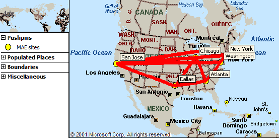 map of North and Central America showing communications between the major MCI internet nodes in the United States-New York, Washington, Chicago, Atlanta, Dallas, and San Jose