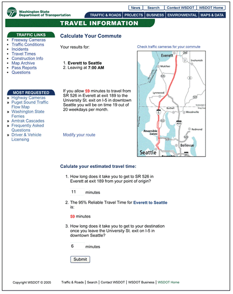 This figure shows a captured image from the Washington State Department of Transportation’s website. The web page allows commuters to estimate the 95th percentile travel time for their commute.