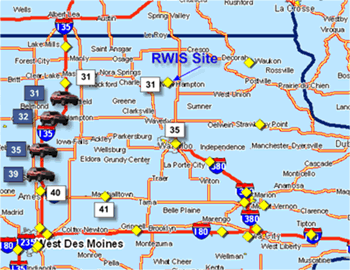 FIGURE 7.12. Conceptual illustration of a graphical pavement temperature product over central Iowa that combines data from both fixed sites and vehicles. Iowa DOT RWIS sites are shown as yellow diamonds with RWIS pavement temperature values shown in selected white boxes. Vehicle measured pavement temperatures are shown along I-35 in blue boxes. The vehicle data help define the location of freezing pavement temperatures between the fixed RWIS sites.