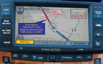 FIGURE 7.13. Conceptual illustration of an in-vehicle navigation display containing VII-enabled weather alerts. In this example, an alert for slippery road conditions is displayed notifying the driver of hazardous conditions prior to the encounter. (Courtesy of Andrew Stern - Mitretek Systems)