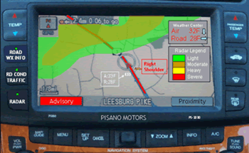 FIGURE 7.14. Conceptual illustration of an in-vehicle navigation display containing VII-enabled weather alerts overlaid with weather radar data. In this example, the vehicle is about to enter a region of heavy precipitation (Courtesy of Andrew Stern - Mitretek Systems)