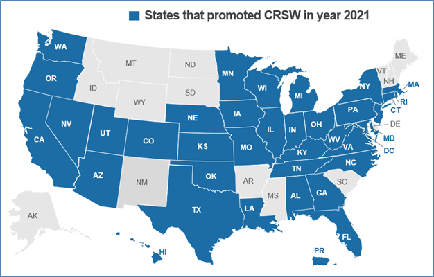 Map shows 31 States participated in the CRSW 2021 All state Planning webinars, sharing their planned efforts to commemorate CRSW.