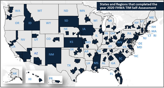 States and Regions that completed the year 2020 FHWA TIM Self-Assessment