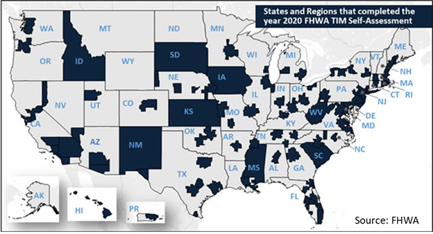 States and Regions that completed the year 2020 FHWA TIM Self-Assessment - States