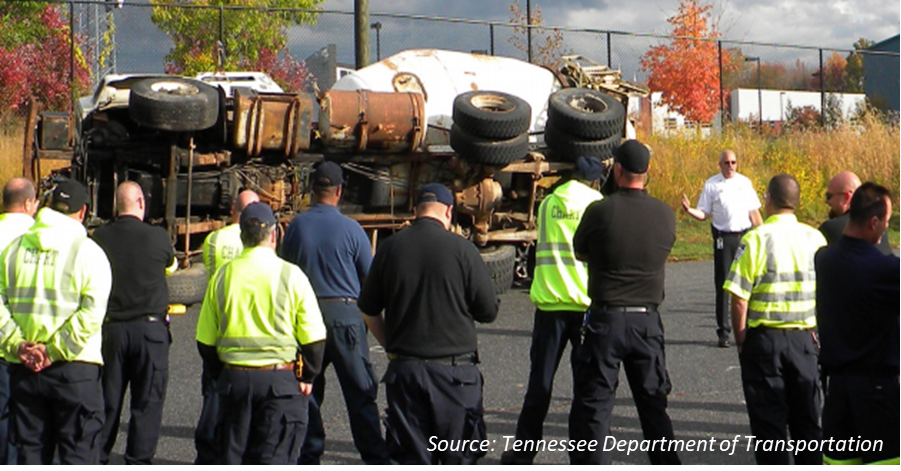 This image is provided by the Tennessee Department of Transportation and it depicts a training session of first responders taking place outdoors.