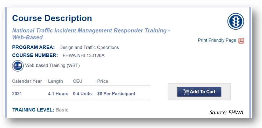 This image is a screenshot of the National Highway Institute (NHI) webpage for first responder free-web-based training...