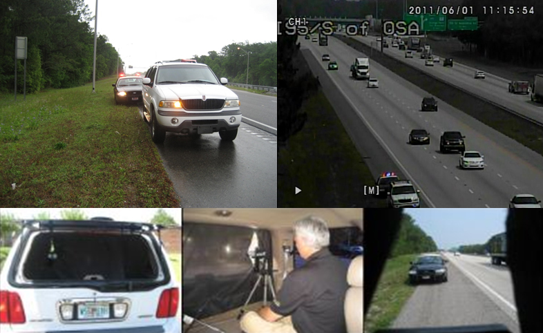 Collage of photographs talken during the study compliance with Move Over laws and the effects of emergency lighting on compliance