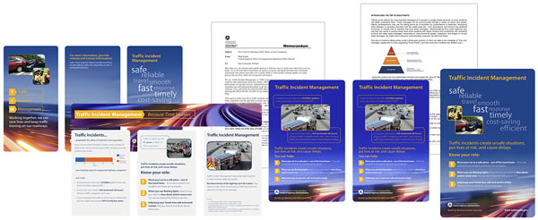 Display of Traffic Incident Management Public Outreach Toolkit Products, including a brochure, poster, and sample Word documents.