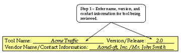Figure 12.  Selecting the specific tool, step 1.  Diagram.  This figure shows an excerpt from table 14 in appendix C.  
	 Step 1 is to enter name, version, and contact information for tool being reviewed.