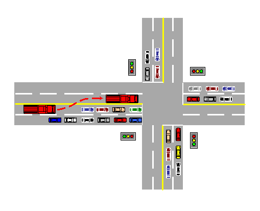 This figure shows a stylized drawing of a fire truck using an opposing lane of traffic (contra flow) to avoid delay caused by vehicles stopped at the traffic signal.