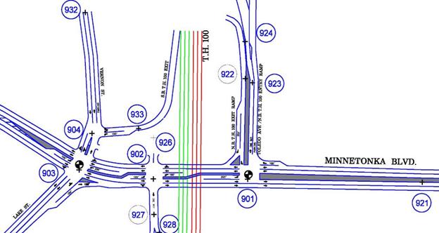 This figure shows a detailed lane drawing of Minnetonka Blvd used in the example HWY 100 network.  The drawing shows lane alignments, lane channelization,  turn bays, medians, and node placement.