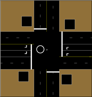 This figure shows a typical four lane approach intersection with the east and west bound approaches each having two left-turn bays.  The links will be placed taking the overlapping turn bays into account.  The node location is in the center of the intersection where the turn bays overlap.