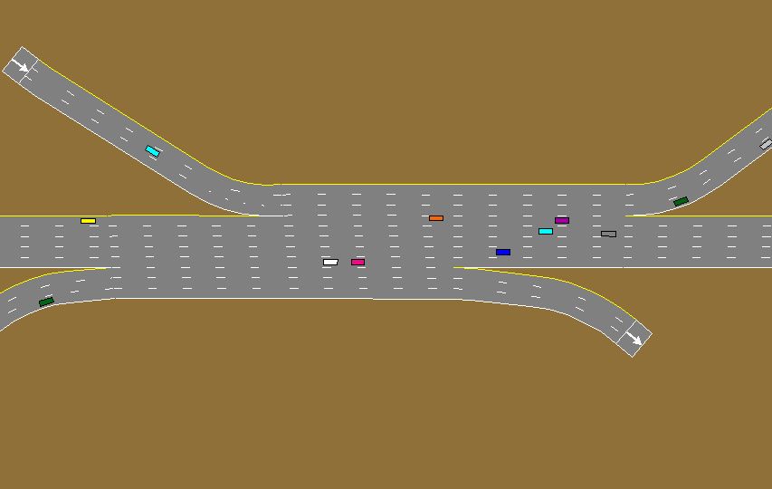 This figure shows a TRAFVU screen of a section of freeway with 11 lanes across.  Recent changes to CORSIM allow all left and right auxiliary lanes in the same section.  