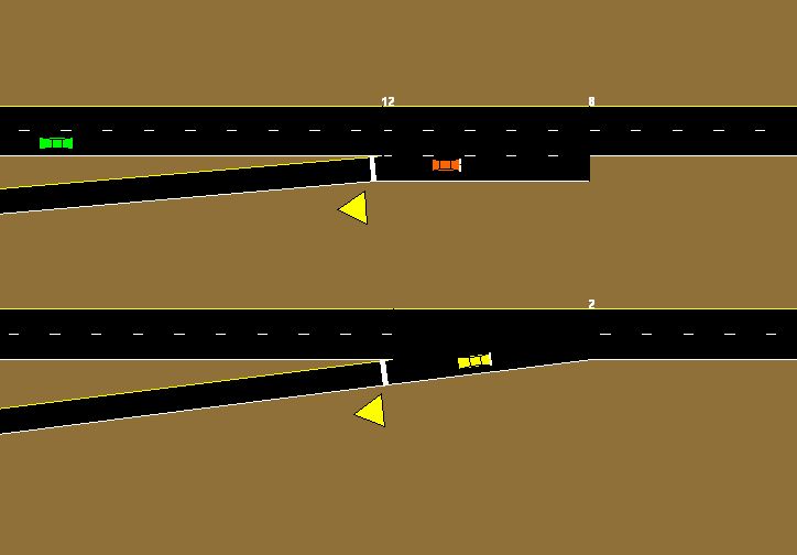 This figure shows two intersections as drawn in TRAFVU.  In both intersections a single lane side street approaches a two lane street at a very shallow angle (less than 20 degrees).  In the bottom intersection the approach link angle causes TRAFVU to pull back the main street link in order to draw the intersection.  This causes link length problems and drawing problems as the angle approaches zero.  In the top intersection a dedicated lane is provided for the shallow angle approach link to connect to.  The third lane acts as the taper area of a merge lane.