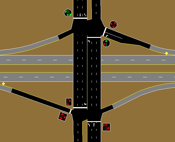 This figure depicts a typical diamond intersection as drawn in TRAFVU.  The left turn lanes are full lanes that are channelized for left turn only.  If left turn bays are used they cannot extend the full length of the link.  Vehicles approaching from upstream will not be able to enter a full length turn bay because it does not connect at the intersection.  A full lane must be used in this situation.