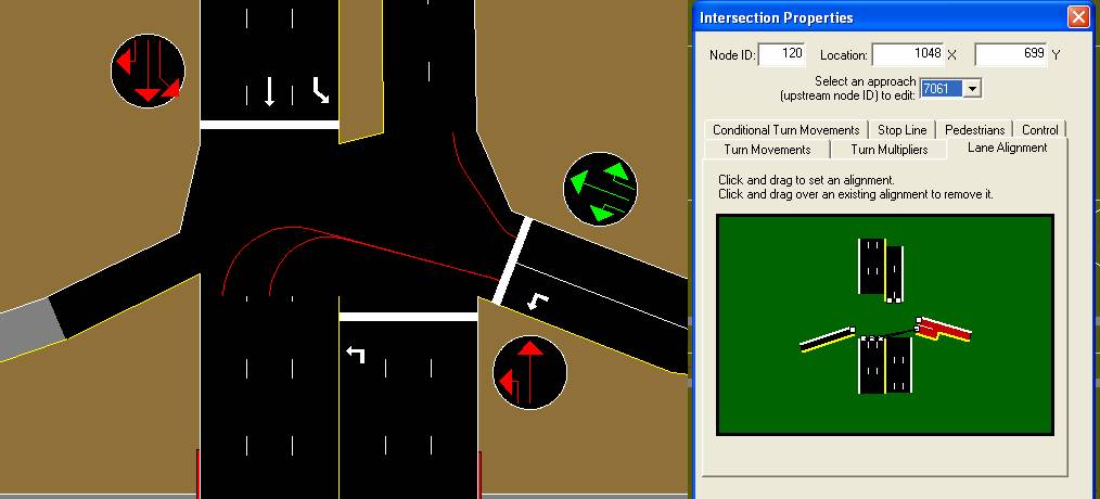 This figure shows turning alignments as drawn in TRAFVU and the turning alignment input dialog in TRAFED.  Turning alignments permit vehicles to use more lanes than just the near lane.  The red lines in the TRAFVU image show the paths of vehicles as they move from one link to the next link through the intersection.  Vehicles are permitted to turn from the left lane of the upstream link to either of the two right lanes on the downstream link.