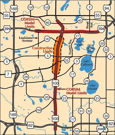 This figure is a map of example network of Highway 100 near Minneapolis, Minnesota.  The map highlights the limits of the CORSIM modeling network.  The network includes HWY 100 from the I-394 interchange in the north to the HWY 62 interchange in the south. 
