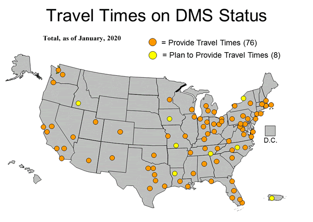 Us. Map displaying Travel Times on Dynamic Message Signs (DMS) Status. Select the City to view the infomation.