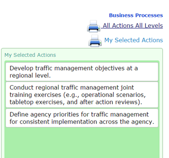 Figure 16. Print Options for Action Selection Screen. Screenshot of the print dialogue shown above the third (green) column. The options can be activated at any time.