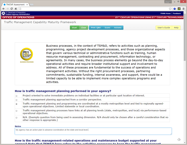 Figure 6. Questions and Answers for the Full Assessment Path. Figure 6 illustrates a portion of the information that a user would see when they select the full assessment path. In addition to the questions, the dimension icon and definition is displayed at the top of the screen allowing the user to refer to it as needed.