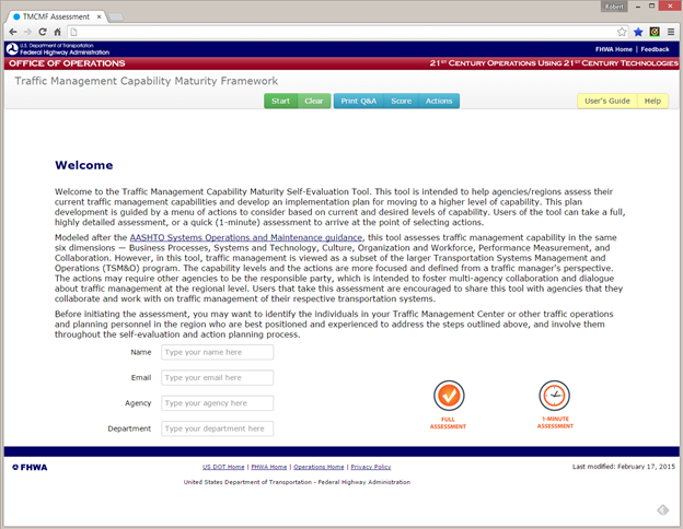 Figure 1. The Tool Home Screen. Screen capture of the Traffic Management Capability Maturity Framework Online Self-Assessment Tool home screen.