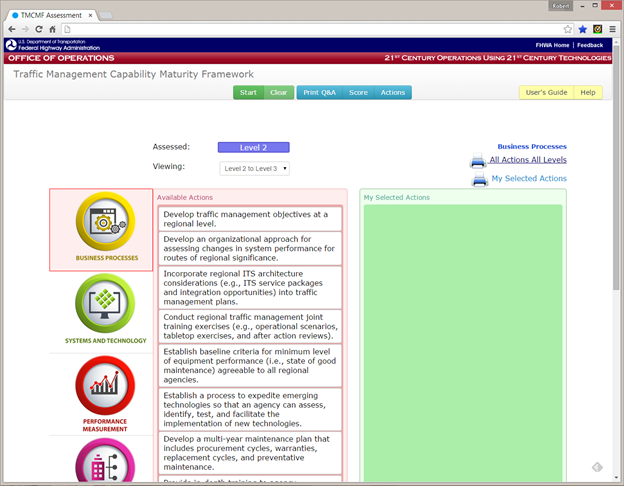 Figure 13. Action Selection Screen.  Example screenshot showing where a user can create a customized action list for an agency to advance between levels in each key dimension of capability.