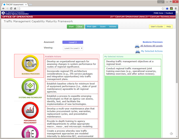 Figure 14. Actions Dialogue with Selected Actions.  Same example screenshot as in figure 13 except with some actions selected by the user and dragged from the second (red) column to the third (green) column.