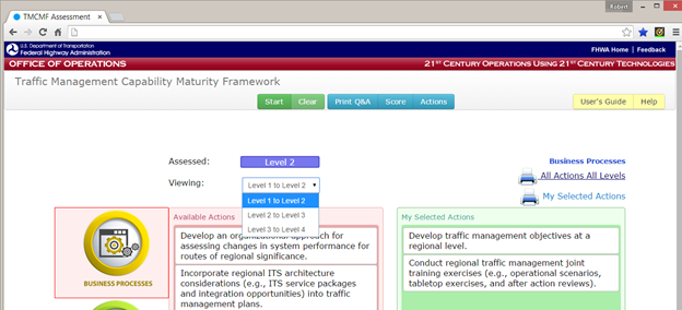 Figure 15. Selecting Different Capability Levels.  The figure shows the ability to select different levels from the 'viewing' drop-down list within each dimension.