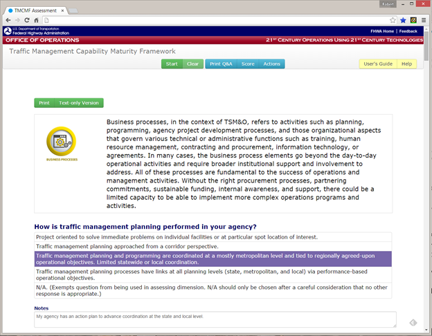 Figure 18. Print Q&A Capabilities.  Within the full assessment path, the tool contains a print capability which allows a user to record their individual questions, answers, and associated notes.  This figure is a screenshot of what a user may see when they select the &ldquo;Print Q&A&rdquo; button from the menu bar.