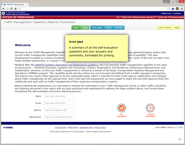Figure 3. Hovers Showing Help Text for Menu Bar. Screen capture of the Traffic Management Capability Maturity Framework Online Self-Assessment Tool home screen with an example of the text that displays for a toolbar hover.