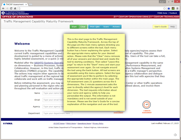 Figure 4. Context Sensitive Help Text. Screen capture of the Traffic Management Capability Maturity Framework Online Self-Assessment Tool home screen with an example of the context sensitive help text that displays when accessing this screen.
