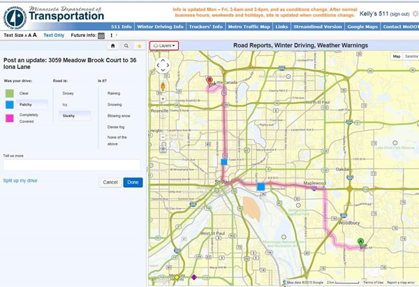 Screenshot of Minnesota Department of Transportation Citizen Reporting input page