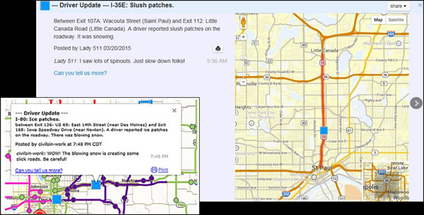 Shows a screenshot from Minnesota Department of Transportation of a driver update reporting slush patches on I-35E. The update is on the left and a map is on the right. The inset screenshot is from the Iowa Department of Transportation. It shows a driver update reporting ice patches on I-80.
